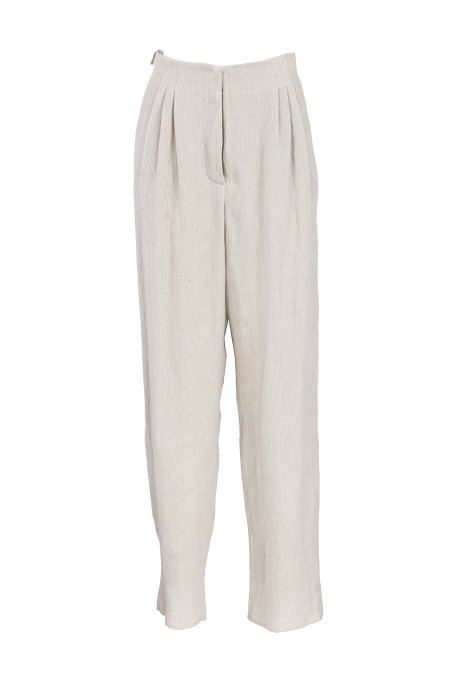 Shop EMPORIO ARMANI  Trousers: Emporio Armani oval leg trousers in textured linen blend crepe.
Composition 55% Linen 45% Lyocell.
Oval leg.
Front closure with zip and snap buttons.
Darts at the waist.
Cotton blend pockets.
Knee-length linen lining.
Made in Bulgaria.. E3NP40 F2207-011